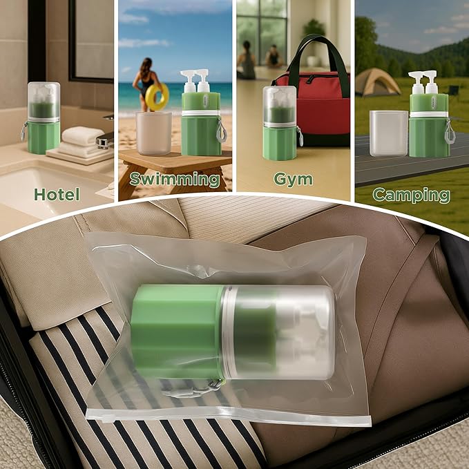 4-in-1 Travel Bottles for Toiletries, TSA Approved Travel Size Toiletries, Leak Proof Refillable Travel Size Shampoo and Conditioner Sets with Wall-Mountable Suction Cup, Green
