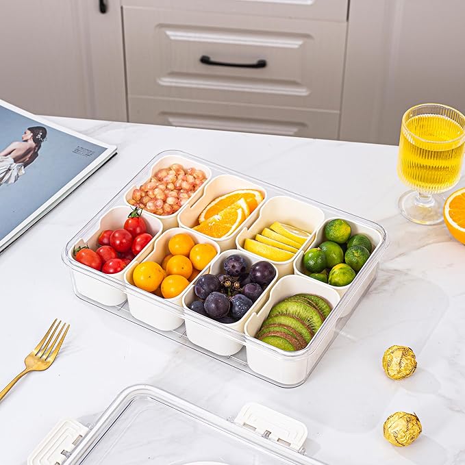Divided Serving Tray with Lid and Handle - Snackle Box Charcuterie Container for Portable Snack Platters - Clear Organizer for Candy, Fruits, Nuts, Snacks - Perfect for Party, Entertaining