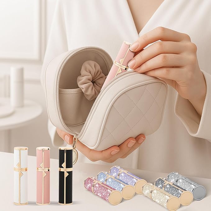 Travel Perfume Bottle Refillable, Sparkle Perfume Atomizer Leak-Proof Portable 5ML Mini Empty Atomizer Sprayer Bottle for Traveling and Outgoing (Pink - Leather style, 5ML)