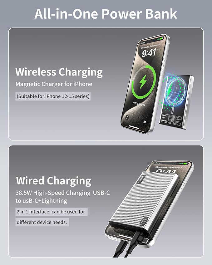 Portable Charger Power Bank, 10000mAh Wireless Charger Phone with USB C to 20 W PD Fast Charging Cable, Mag-Safes Battery Pack Magnetic Charger for Phone 17/16/15/14/13/12 Pro/Pro Max/Plus Pad