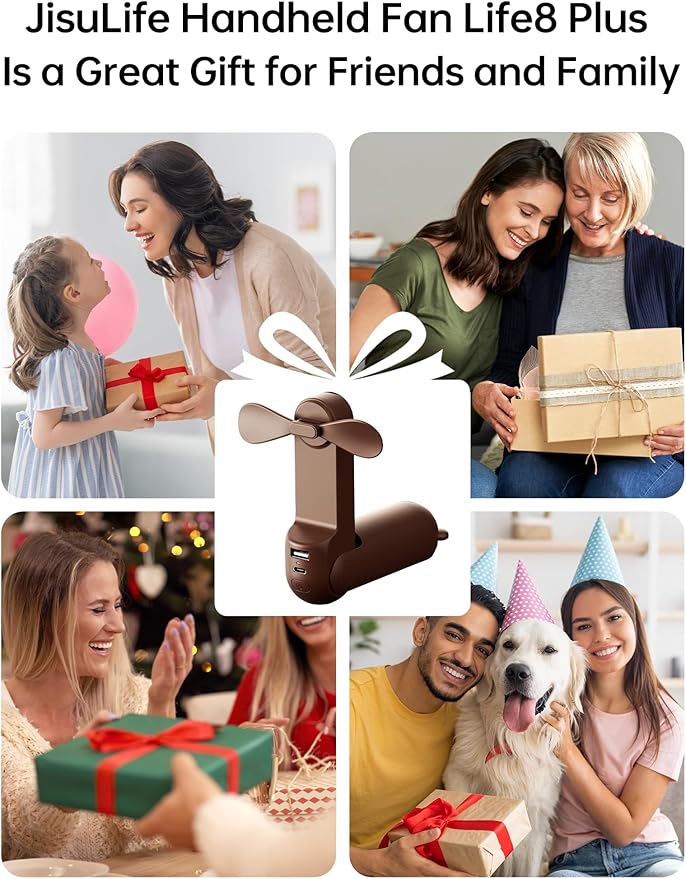 JISULIFE Handheld Fan with 4500 mAh Powerbank Max 37 Hours Runtime, Pocket Portable Battery Operated or USB Powered Folding Personal Fan, 3 Speeds, Gifts for Women Men Kids Gift for Festival-Brown