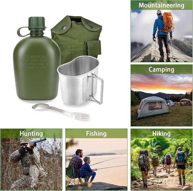ShenDu Military Canteen, WWII US GI Style 1 Quart Water Canteen Kit with Aluminum Canteen Cup, Stainless Steel Spork & Cover for Camping, Hiking, Backpacking