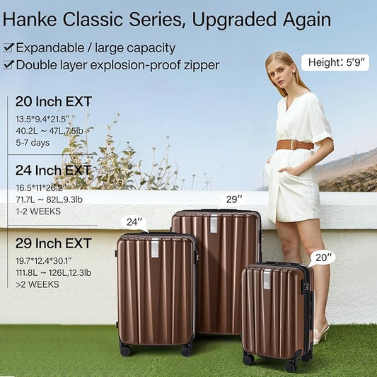 Hanke 29 Inch Expandable Checked Luggage Lightweight PC Hard Shell Luggage Suitcases with Wheels Tsa Luggage Rolling Large Suitcase Travel Luggage Bag for Study Abroad(Brown)