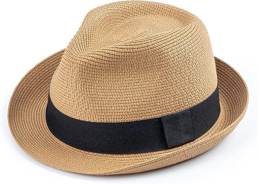 DRESHOW Women Straw Panama Hat Travel Fedora Beach Sun Hat Summer Wide Brim Straw Roll up Hat UPF 50+