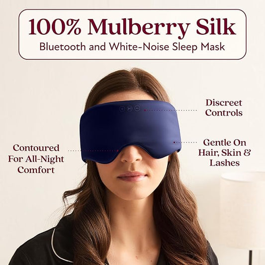 SilkSound 100% Mulberry Silk Bluetooth Sleep Mask, Skin-Friendly Sleeping Eyemask with Bluetooth Sleep Headphones, Silk Eye Mask Headphones with Small Side Speakers, White Noise Head Phones Ear Muffs