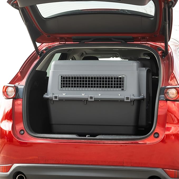 SportPet Airline Approved Wire Door Travel Dog Crate, Durable Plastic Pet Travel Kennel with Removable Wheels,Collapsible, Food Bowls & Accessories,Fits Dogs up to 32" L & 24" H - X-Large -Gray/Black