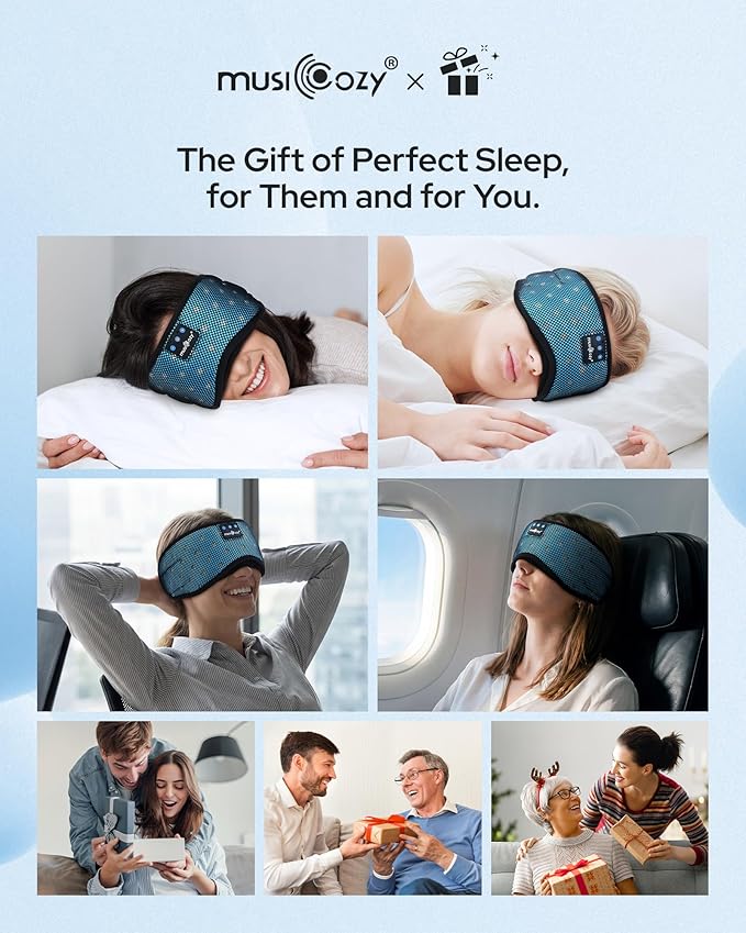 MUSICOZY Bluetooth Sleep Headphones for Side Sleepers, Wireless Headphones with Ultra-Thin Speakers in Comfortable Eye Headphone for Sleeping, Travel, Workout(Mesh Blue)