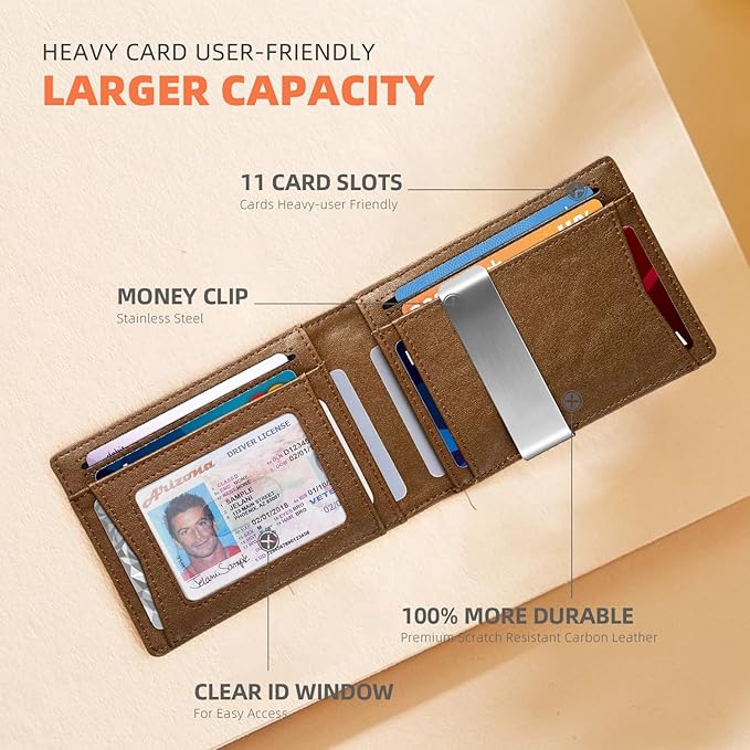 RUNBOX Slim Wallets for Men - Leather Money Clip Mens Wallet - RFID Blocking Front Pocket Bifold Wallet - Thin Credit Card Holder with Gift Box