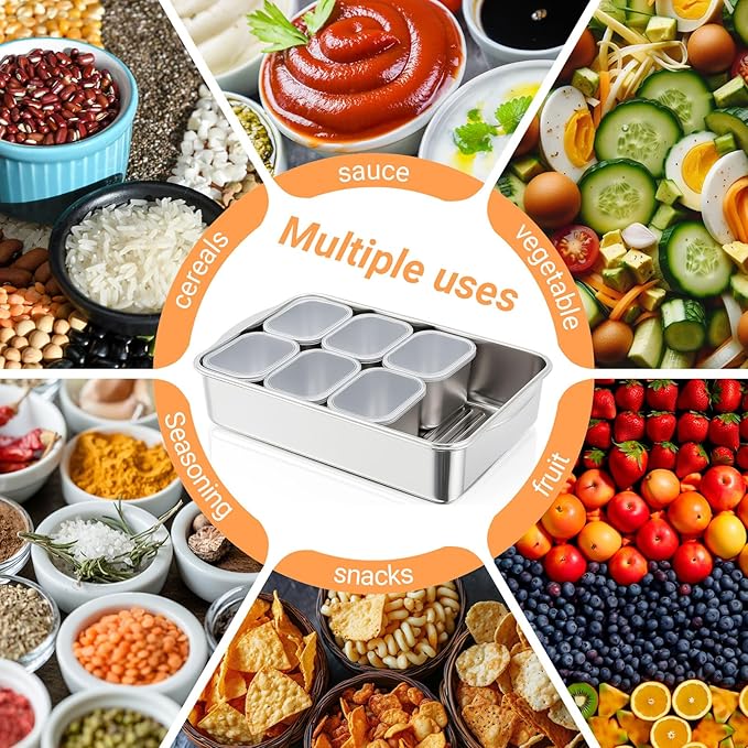 Stainless Steel Snackle Box Container, 8 Compartment Divided Serving Tray with Lid and Handle, Portable Snack Platters Storage Organizer for Fruit Candy Nuts Veggie Travel Party Picnic