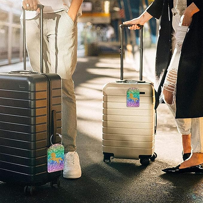 2 Pack Luggage Tag for Suitcase Sparkles Unicorn Leather Suitcase Tags with Privacy Name ID Label and Stainless Steel Loop for Travel Bag