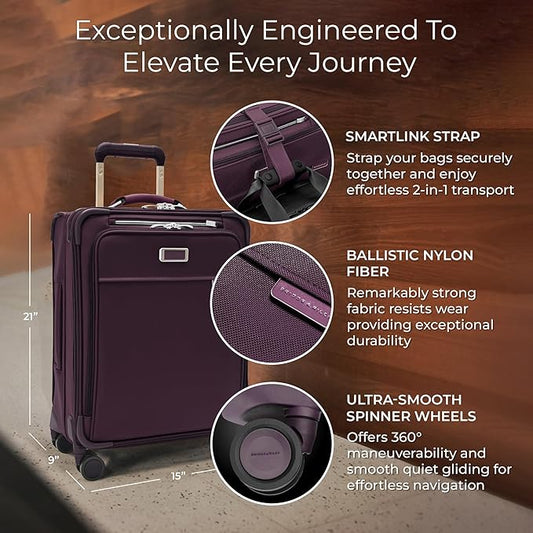 Briggs & Riley 21" Global Carry On Expandable Spinner - Luggage for International Travel, Suitcases with Wheels, Softside Rolling Bag for Men & Women, Self-Repairing Zipper - Baseline Collection, Plum