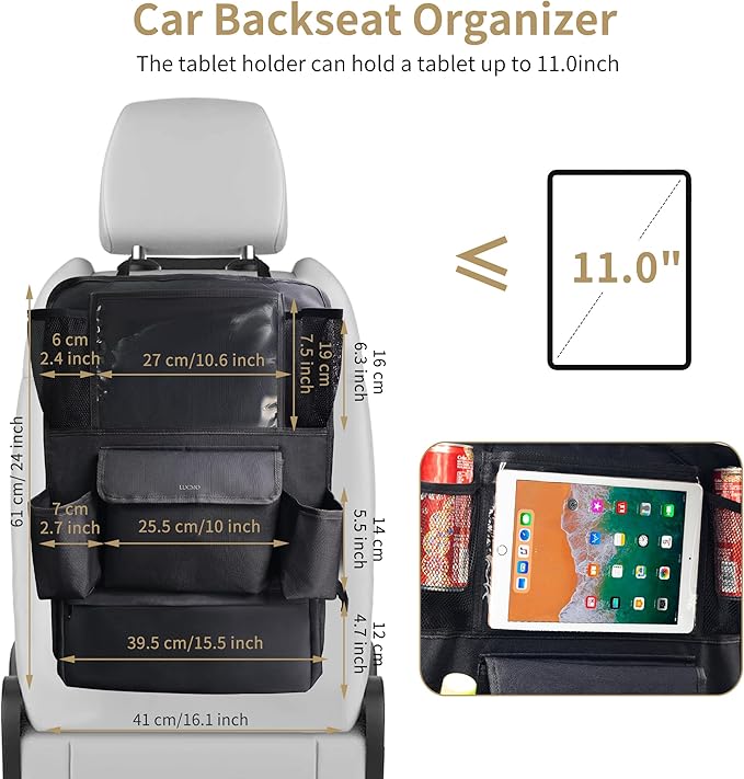LUCMO Car Backseat Organizer with Touch Screen Tablet Holder,9 Storage Pockets Protectors Kick Mats Travel Accessories for Kids-Black