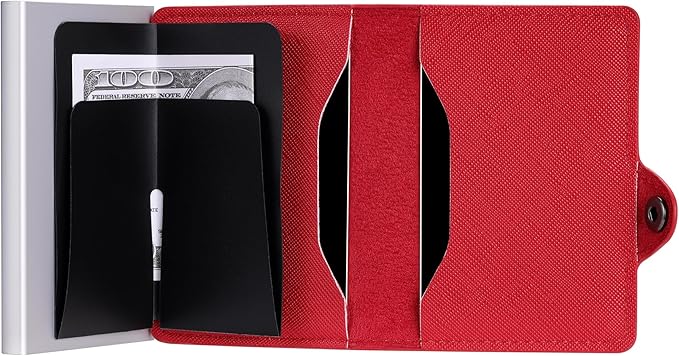 Womens Slim Wallet for Small Purses, Pop Up Wallet with Anti Theft RFID Blocking Credit Card Holder for Women in Red PU Saffiano