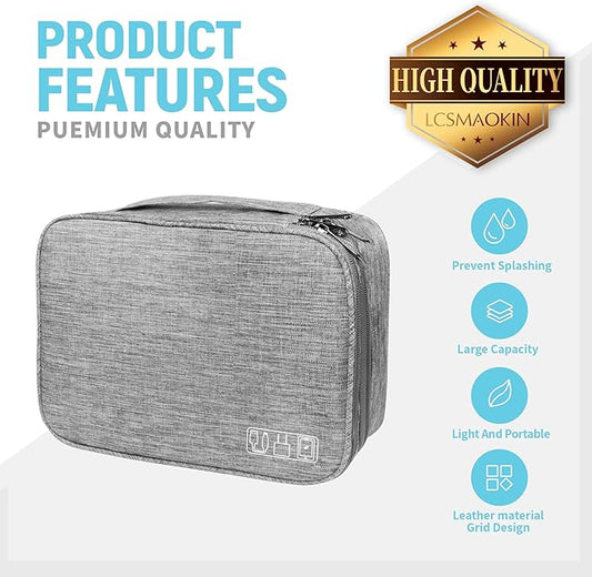 Electronics Travel Organizer,Large Double Layer Portable Waterproof Travel Organizer Bag for Charging Cable Storage,Ipad,Power Bank,Hard Drive etc,for Travel,Business,5pcs Cable Ties-Grey