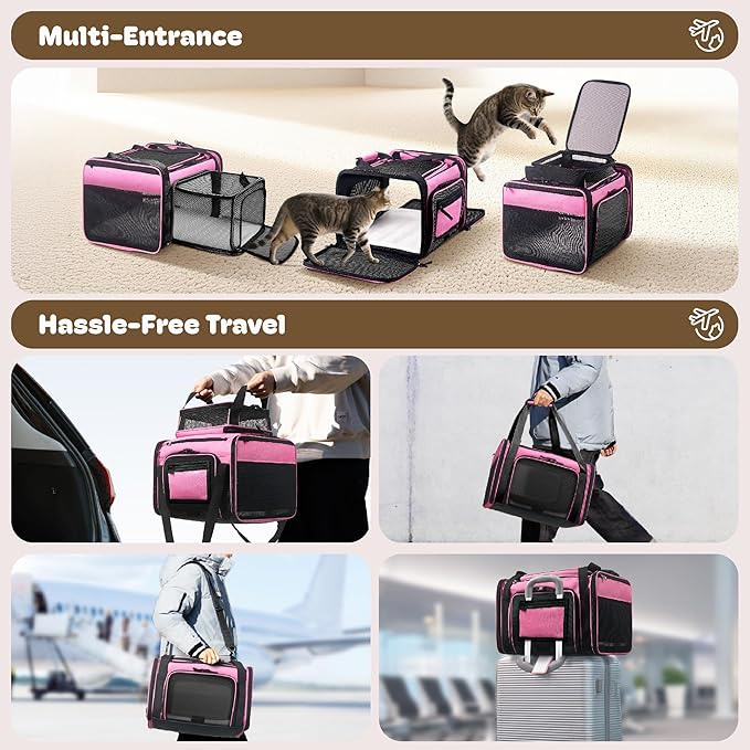 Top and 2 Sides Expandable Cat Carrier 17x11x11, TSA Airline Approved Dog Carriers for Medium Dogs, Soft-Sided Pet Carrier with Self-Locking Zippers for Kitten,Rabbit, Puppy, Guinea Pig Pink