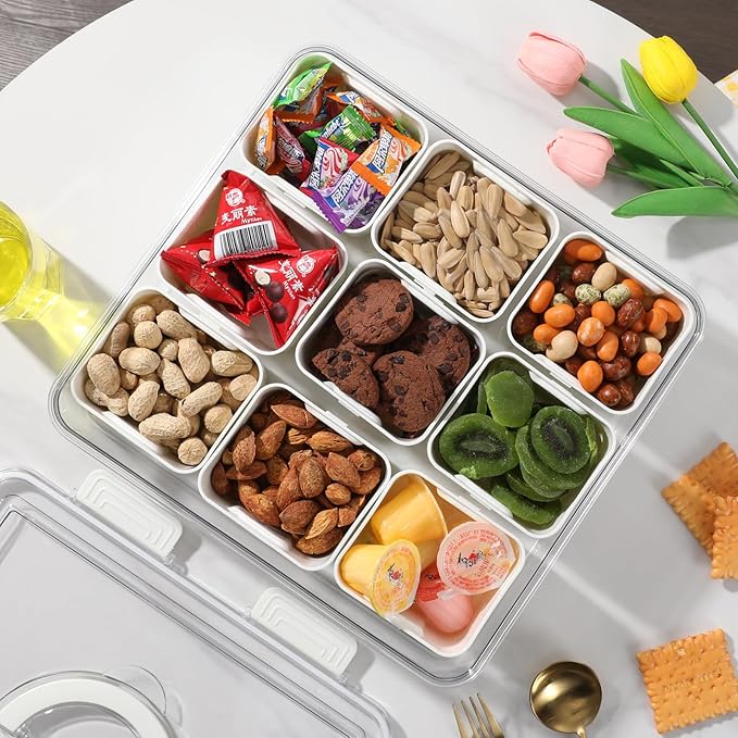 Taiuloo Divided Serving Tray with Airtight Lid and Handle, 9 Compartment Snackle Box Container, Portable Snack Platters, Clear Fridge Organizer & Food Storage for Veggie, Fruit, Charcuterie, Nuts