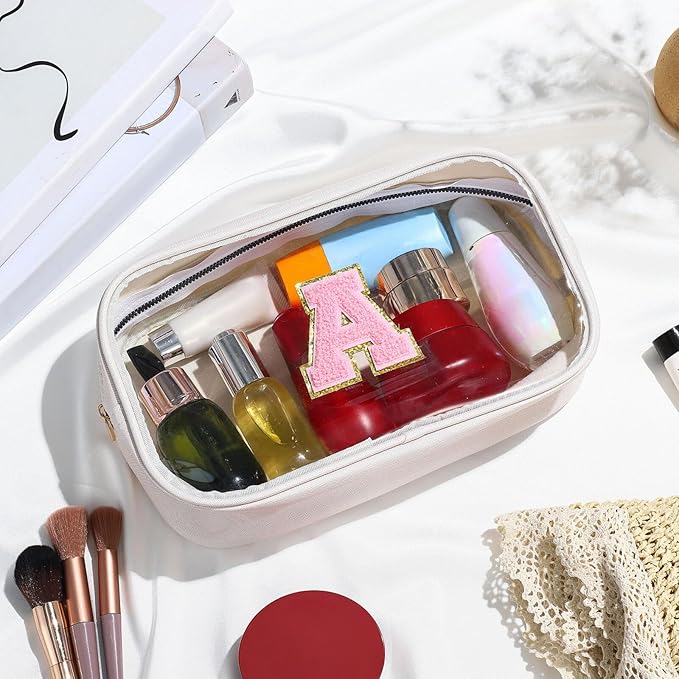 YOOLIFE Cute Travel Toiletry Bag - White Makeup Bag Organizer for Cosmetics, Skincare, Gifts for Women, Bridesmaid, Mother, Girlfriend, Initial D