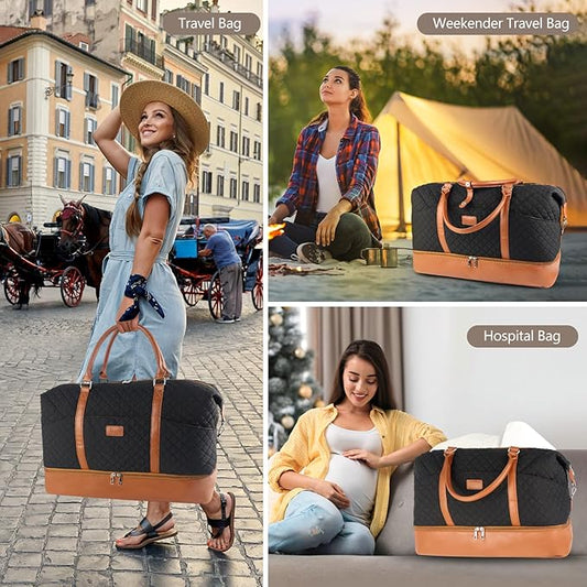 Weekender Bag, Large Travel Duffel Bag for Women, Carry on Overnight Bag with Shoe Compartment and Toiletry Bags