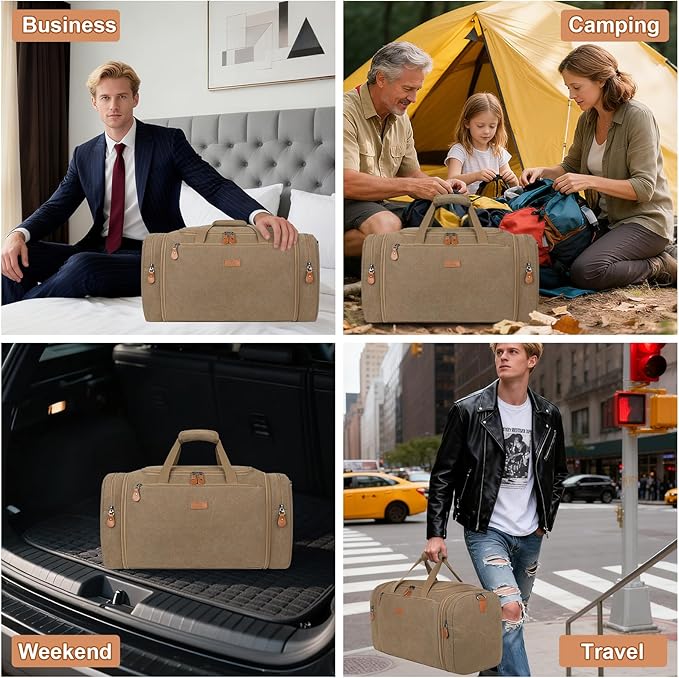 Canvas Mens Duffle Bag for Travel - Expandable 50L Weekender Bags with Toiletry Bag, Overnight Bag Travel Duffel Carry On Luggage with Removable Shoulder Strap, Durable & Water-Resistant