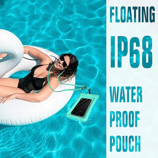 NEPHI IP68 Waterproof Phone Pouch 2 Pack-Up to 8.0",Adjustable Neck Lanyard Floating Waterproof Phone Case for iPhone,Phone Dry Bags for Vacation Beach Pool Travel Essentials (Aqua Green white 4 pack)