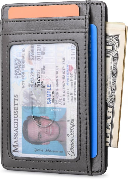 Buffway Slim Minimalist Front Pocket RFID Blocking Leather Wallets for Men and Women - Alaska Grey