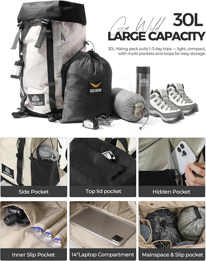 Hiking Backpack for Women Men Lightweight Camping Backpack with Rain Cover 30L Waterproof Hiking Daypack Bag with Hiking Pole Carrying System for Travel Trekking Mountaineering Large Capacity (Black)