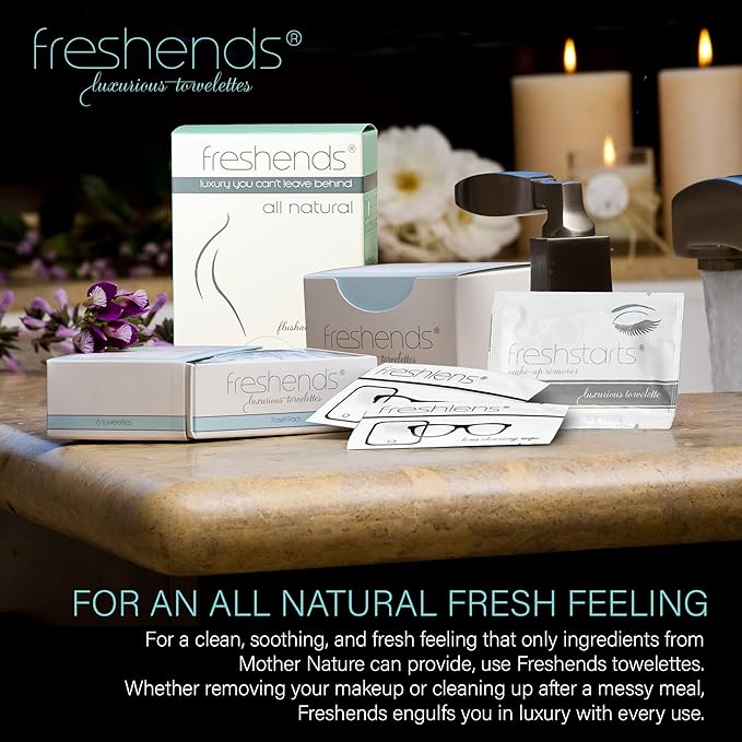 Freshends Luxurious Towlette Variety Bundle: (25) Freshends, (25) Freshstarts, (25) Freshlens, (25) Hand Sanitizer Wipes. Flushable toilet tissues, personal care wipes, and travel-friendly wet wipes