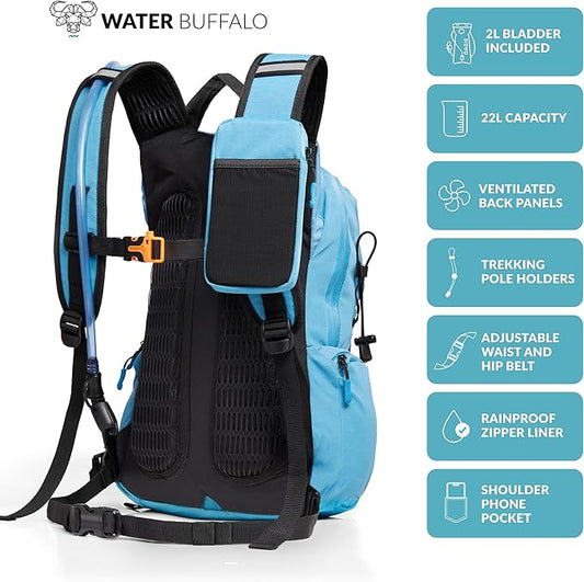 Water Buffalo Hydration Backpack - Sherpa 22L Hiking Backpack with Water Bladder - Water Backpack for Hiking with Waterproof Zippers, Phone & Pole Holders