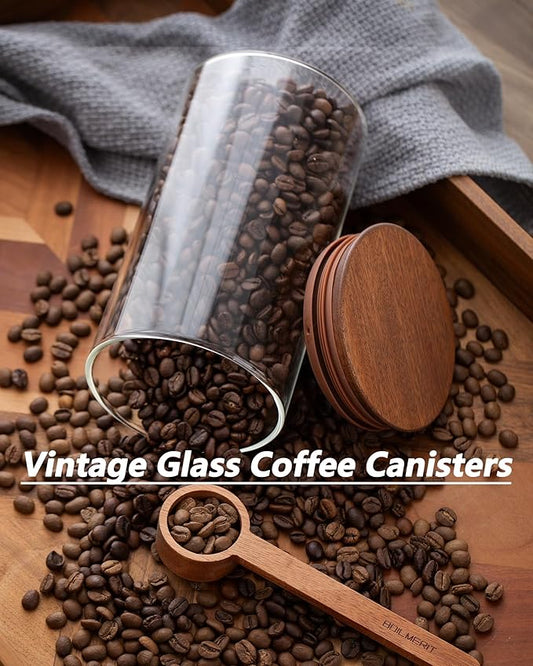 BOILMERIT 37 oz Coffee Canister with Scoop and Wooden Lids, Airtight Storage Container Sets of 2 for Ground Coffee & Beans, Glass Jars for Coffee Bar Organizer, Kitchen Countertop