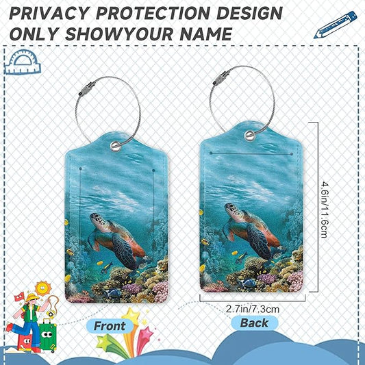Set of 2 Luggage Tags for Suitcases, Leather Turtle Fish and Coral Baggage Tags with Stainless Steel Loop, Privacy Name ID Card Cover Kawaii Travel Labels for Women Men Kids Girls