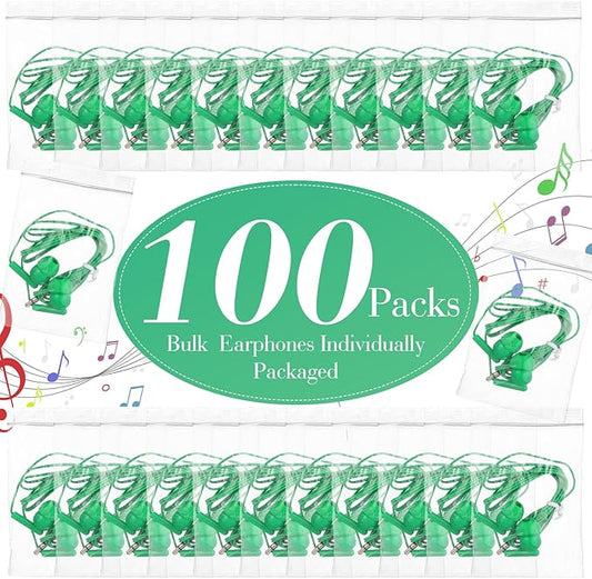 Kanayu 100 Packs Earbuds Bulk Basic Student Earphone Individually Bagged 3.5 mm Headphones for Schools Classrooms Library Teens Gift(Green)