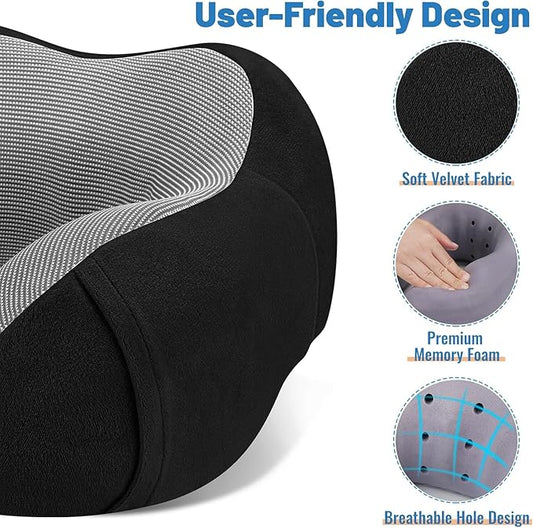 CloudBliss Travel Pillow Premium Memory Foam, Comfortable & Supportive Neck Pillow, Neck Pillows for Sleeping Travel, Airplane Pillow for Sleeping Airplane, Car, Office and Home(Black & Black)