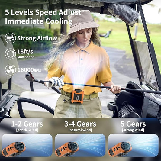 Socool 10000mAh Portable Waist Fan Clip on Wearable Belt Personal Fan Rechargeable Battery operated With 5 Speeds & Flashlight Neck Hands-Free 40H Cooling For Outdoor Camping Travel (Orange)