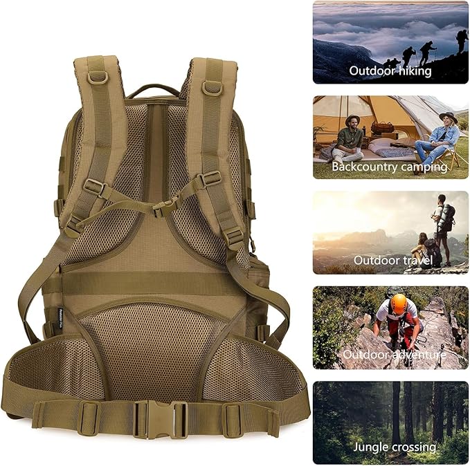 HongXingHai 50L Military Tactical Backpack 3 Day Assault Pack Molle Daypack Hiking Backpack for Men and Women (Khaki)