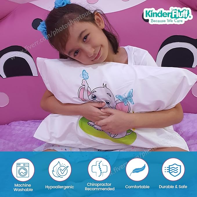 kinder Fluff Child Pillow with Pillowcase 13x18in- 233T Cotton Shell & Down Alternative Fill - Ideal for Travel, Bedding Set & Floor Cushions -White Pillow with Pillowcase Elephant Design