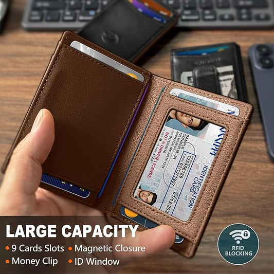 Housmai Magnetic Closure Slim Wallet for Men with Money Clip Gift Boxed,Genuine Leather Front Pocket Wallet, 3.9"x 2.7", RFID Blocking