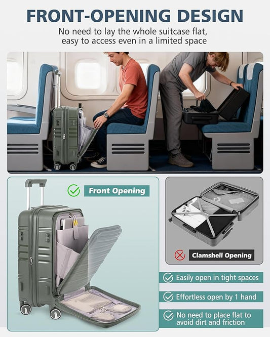 RAINSMORE Expandable Carry on Luggage 20 Inch, Airline Approved Carry on Suitcase with Front Pocket&Laptop Compartment, Hardshell Rolling Travel Luggage with Spinner Wheels,Sage Green