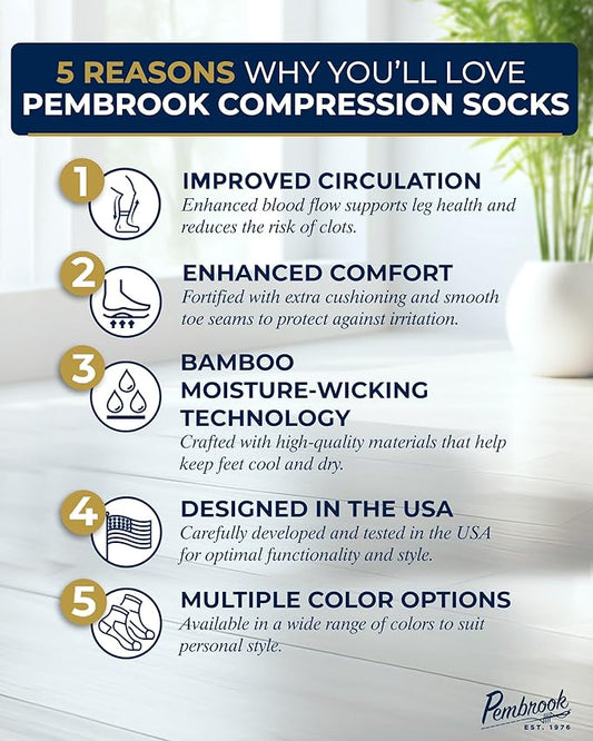 Pembrook Bamboo Viscose Light Compression Socks - 3 Pairs | 8-15 mmhg Compression Socks | Knee High Comfort Support Socks