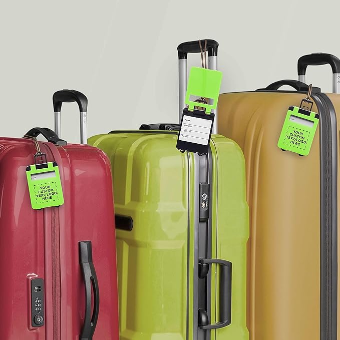 50 Mini Carry-on Luggage Tags Pack - Customizable Text, Logo - Flip Open Cover, ID Sticker - Lime Green