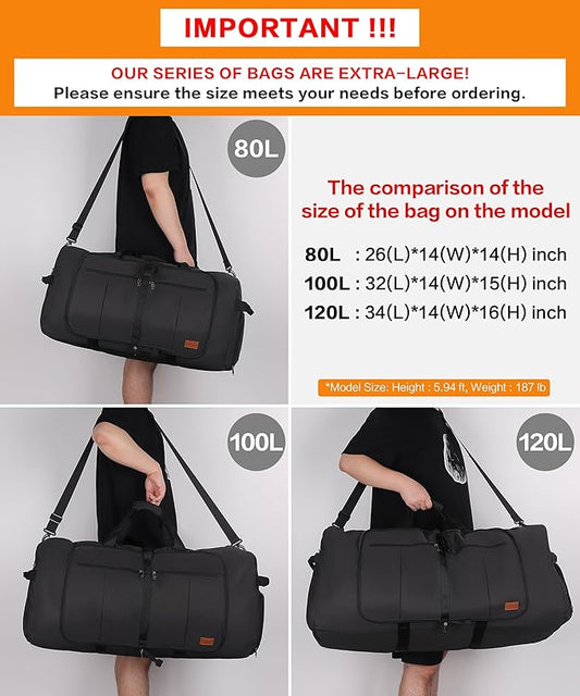 80L EXTRA LARGE Duffle Bag for Travel, 26" Foldable Travel Duffel Bag with Shoe Compartment for Men Women, Waterproof & Tear Resistant (Black, EXTRA LARGE, 80L)
