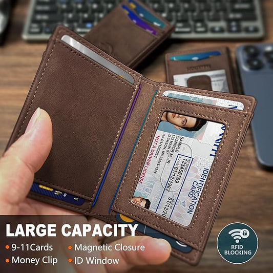 Housmai Magnetic Closure Slim Wallet with Money Clip Gift Boxed,Genuine Leather Front Pocket Wallet for Men, 3.9"x 2.11", RFID Blocking