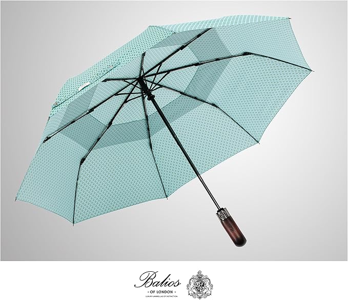 Balios Travel Folding Umbrella with Real Wood Handle Auto Open Close Vented Windproof Canopy - Designed in UK
