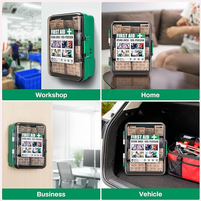 RHINO RESCUE First Aid Kit for Business - Plastic Wall Mounted First Aid Box, Hard Case Emergency Kit for Home, Office, Workshop, Restaurant (Green)