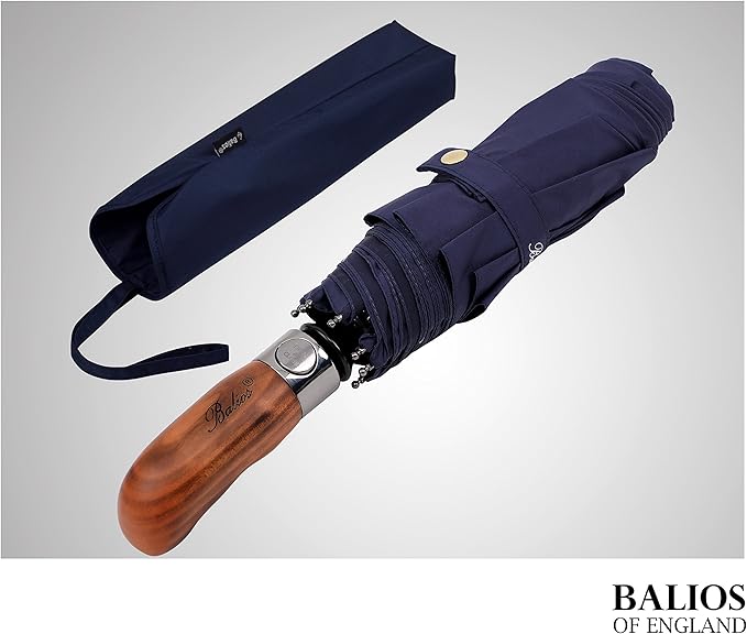 Balios (Designed in UK) Umbrella Handmade Real Wood Handle-Dark Navy with Sophisticated Constellation Interior Pattern-Windproof Fiberglass Auto Open Close Folding-300T Finest Fabric