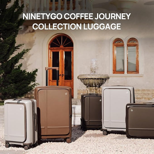 NINETYGO Carry On Luggage 22x14x9 Airline Approved, 20 Inch Suitcase with Front Compartment & Cup Holder, Coffee-Infused PC Hard Shell, Eco-Friendly, TSA Lock, 360° Spinner Wheels (Oats White)