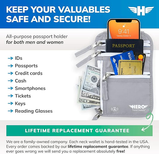 HERO Neck Wallet, RFID Blocking Passport Holder, Easy to Conceal and Pouch
