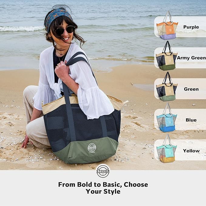 STOVER Large Mesh Beach Bag, Vacation, Pool, Shopping, & Travel Tote - Foldable w/Storage Pockets for Women, Men & Families