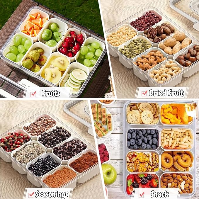 VINGVO Snackle Box, 2Pack Divided Serving Tray with Lid and Handle, 8 Compartment Portable Travel Snack Container for Adults & Kids