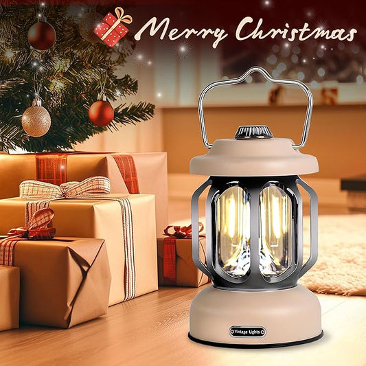 Rechargeable LED Camping Lanterns, Vintage Camping Lights Battery Operated, Portable Retro Metal Glamping Lights for Hiking, Hurricane, Decoration, Power outages, White, 1 Pack
