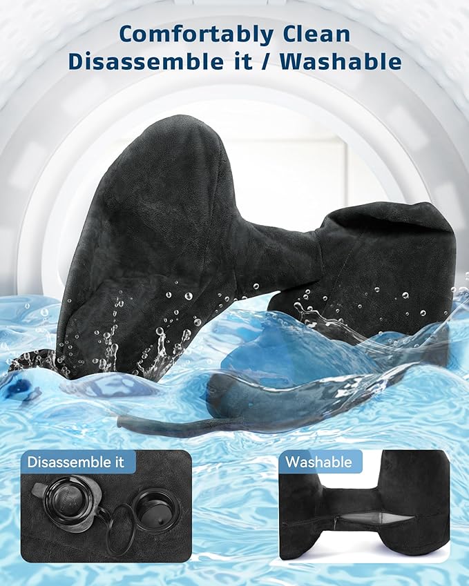 Travel Pillow Inflatable Neck Pillow Airplane Pillow with Velvet Cover Inflatable Pillow for Car/Train/Plane (Black, M)